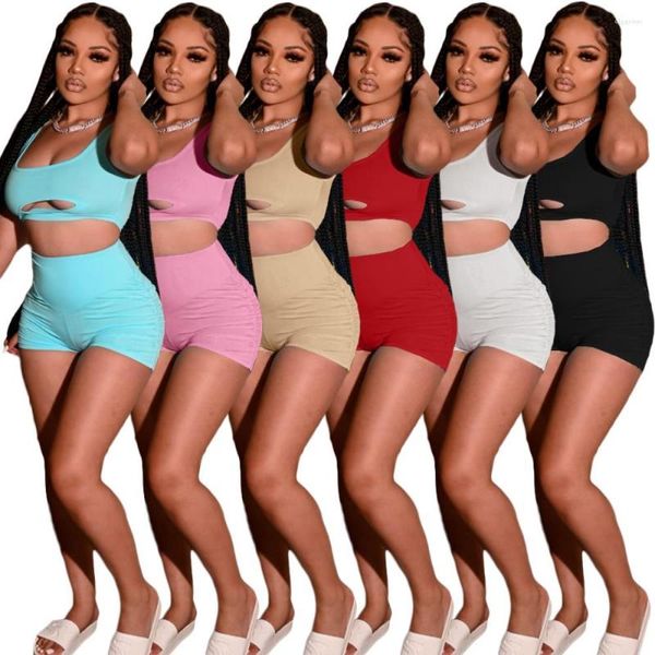 Survêtements pour femmes Sexy Athlétique 2PCS Tenues Évider Gilet Débardeur Crop Tops Casual Pantalon Court Plissé Côté Ruché Mini Short Serré