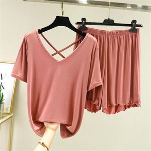 Survêtements pour femmes Sexy Dos Nu Femmes Pyjamas Ensemble Shorts Manches Modal Vêtements De Nuit Femme Maison Vêtements Mince D'été Nuit Costume Pijama De Mujer