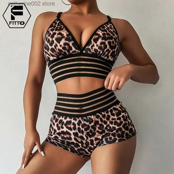 Spares de pistas de mujeres Sexy Beachwear Leopard Balette Crop Top Shorts 2 piezas Set Backless Sports Bra.