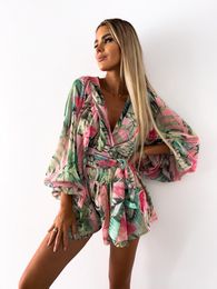 Chándales de mujer Mono sexy con cuello en V profundo para mujer Verano Casual Boho Beach Vacation Outfit Estampado de moda Manga de linterna Rompers Shorts Mujer 230508