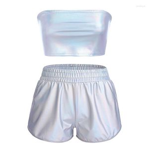 Survêtements pour femmes Sexy Fashion Hollow Out Laser 2 Piece Sets Women Festival Outfit Y2k Shiny Metallic Holographic Night Club Tube Top