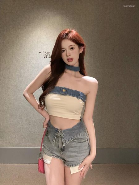 Pistes de survêtement pour femmes Sexy Girl 2023 Printemps Summer 2 pièces Sets Tenues Fashion Hake Choker Tube Top Camishigh Waist Denim Shorts Jeans