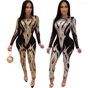 Tracksuits voor dames sexy lovertjes zwarte long jumpsuit dames mesh mouw bodycon rompers herfst veer een stuk club outfit bodysuit clubkleding