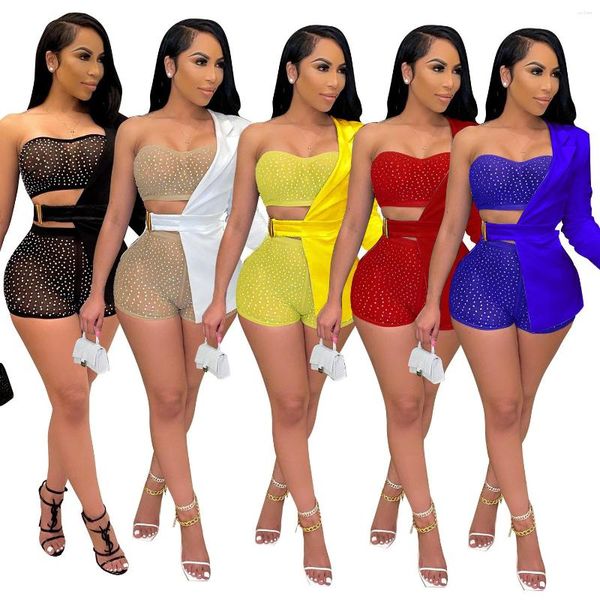 Costumes pour femmes Sexy Sheer Mesh Diamonds Trois pièces Ensembles Femmes Une épaule Blazer Manteau Tube Crop Top Shorts Outfit Streetwear Party Set