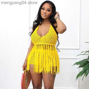 Chándales de mujer Sexy Tassel Crochet Sheer Conjunto de dos piezas Mujeres Vacaciones de verano Trajes de playa Traje de baño Halter Backless Top y pantalones cortos Traje de baño T230515