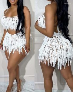 Survêtements pour femmes Sexy Tassel Deux pièces Top Outfit Spaghetti Strap Fashion Summer Crop Crochet Ensembles Design Set Shorts Femmes 2023 VQTS