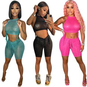 Survêtements pour femmes Sexy Tight Mesh Club Outfits 2 Pièces Ensembles Femmes Débardeur Crop Top Et Mini Shorts Summer See Through Party Clubwear Y2k Clot