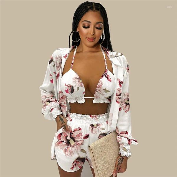 Survêtements pour femmes Sexy col en V imprimé soutien-gorge et short de poche chemise à manches longues veste été plage douce femmes costume ensemble de 2