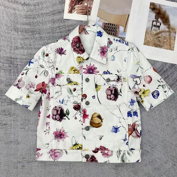 Survêtements pour femmes Veste à manches courtes 2023 Début de l'automne Style de vacances romantique Mode Imprimé floral Manteau en jean mince avec short taille haute