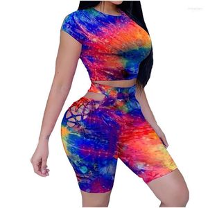 Tracksuits shorts voor dames sets Women 2022 Matching Set Summer Fashion Tie-Dye Hollow Tops Suit Ladies Strip Leisure Sports Tweedelig