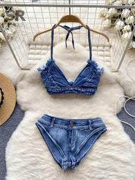 Suits de survêtement pour femmes Singreiny Erotic Denim Two Piece Set Femmes Amatory Fashion 2024 Backless Camisole Bikini Shorts Summer Porno Sexe