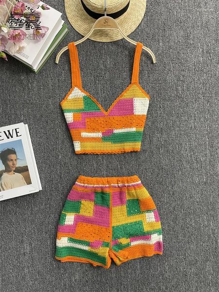 Survêtements pour femmes Singreiny Patchwork Knit Two Piece Set Femmes Orange Sangle Dos Nu Camisole Taille Élastique Shorts Vacances Été Slim