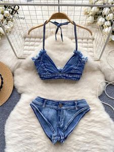 Trajes de mujer Singreiny Sexy Erótico Denim Conjuntos Halter Moda Sin respaldo V Cuello Mini Tops Bikini Shorts Beach Party Sweet Ropa interior Trajes