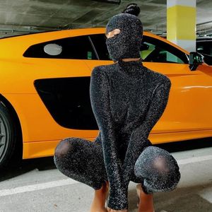 Mulheres Tracksuits Sisterlinda Sexy Backless Brilhante Macacão + Máscara Duas Peças Outfits Mulheres Matching Set 2022 Primavera Night Party Club Femme Act