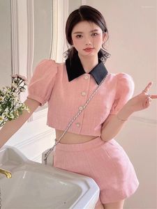 Vrouwen Trainingspakken Kleine Geur Zomer Zoete Roze Tweed Outfits Voor Vrouwen Bladerdeeg Mouw Slanke Crop Top Shorts Vrouwelijke Elegante mode Kleding