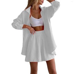 Survêtements pour femmes couleur unie simple boutonnage à manches longues chemise à revers ample décontracté bas de bain pour femmes Shorts couverture complète maillots de bain