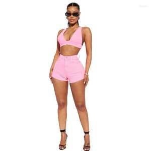 Survêtements pour femmes Solide Rose Jeans Deux Pièces Ensemble Femmes D'été Sexy Col En V Sans Manches Débardeur Crop Top Bouton Taille Haute Shorts Denim Costumes