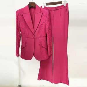 Survêtements pour femmes Spot 2023 Fashion Lace Splicing Slim-fit One Button Suit Pantalon évasé Ensemble deux pièces
