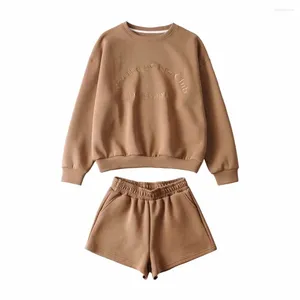 Survêtements pour femmes Spot 2024 Automne Crewneck Lâche et minceur Lettre Broderie Sweat à capuche à manches longues Taille élastique Short à jambes larges Costume