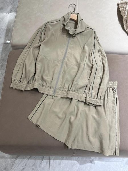 Chándales para mujer, primavera 2024 B C, conjunto de pantalones cortos, chaqueta de manga larga con cuello levantado, cintura elástica, ropa de verano de 2 piezas para mujer