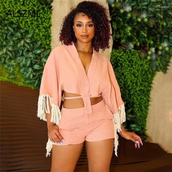 Survêtements pour femmes printemps et automne produits d'été recommandés à manches longues col en V mode tempérament gland couture ensemble de shorts