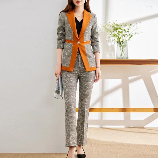 Trajes de mujer Primavera Otoño Lujo Conjunto de 2 piezas Oficina Damas Traje de pantalón formal Mujeres Ropa de trabajo de negocios Blazer y pantalón Naranja Negro