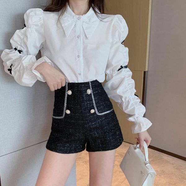 Chándales de mujer Primavera Moda 2 piezas Mini Pantalones Conjuntos Bow Puff Sleeve White Doll Shirt Cintura alta Pantalones cortos elegantes Trajes Chic 2pc OutfitsW