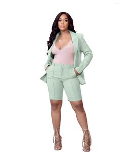 Survêtements pour femmes Printemps Été 2022 Femmes Mode Blazer Costumes Longue Veste Encochée Biker Shorts 2 Pièces Ensemble Violet Bleu Vert Ensemble