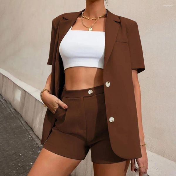 Trajes de mujer Primavera Verano Moda Blazer sólido Conjunto de dos piezas Botón de mujer Chaqueta de manga corta Pantalones cortos de bolsillo Elegantes damas de negocios