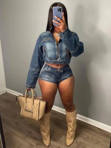 Survêtements pour femmes Streetwear Jeans Pantalons Outfit Ensemble Sexy Femmes Élégantes Deux Pièces Denim Club Assorti Veste Shorts