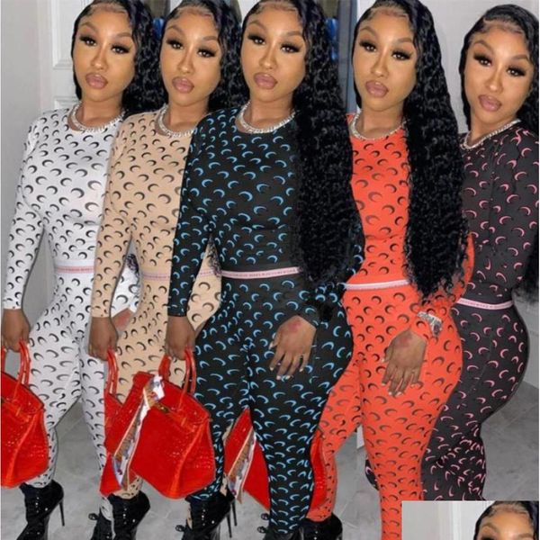 Survêtements pour femmes Streetwear Moon Print 2 Deux pièces Ensemble Femmes Club Tenues Assorties À Manches Longues Crop Top Leggings Survêtement Femme W Dhjdx