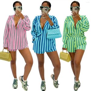 Survêtements pour femmes Rayé Casual Femmes Chemises Deux Pièces Ensembles 2023 Vêtements d'été Turn-down Col Blouses Streetwear Cordon Shorts