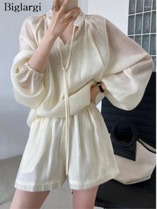 Suits-survêtements pour femmes Summer 2 Pièces en deux pièces Femme V-Neck Pullover modis manches longues Loose Loose Blouses coréen Wide Jam Casual Woman Mini