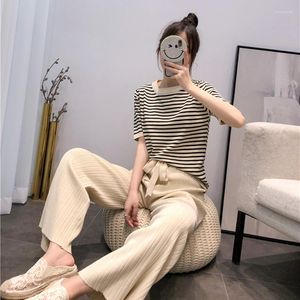 Survêtements pour femmes Été 2022 Tricot à manches courtes Deux pièces Ensemble Noir et blanc Stripe Tops Taille haute Pantalon à jambes larges Survêtement Femmes Ensembles