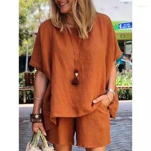 Survêtements femme été 2023 mode femme survêtement ample solide T-shirt à manches courtes et Shorts coton lin deux pièces ensembles