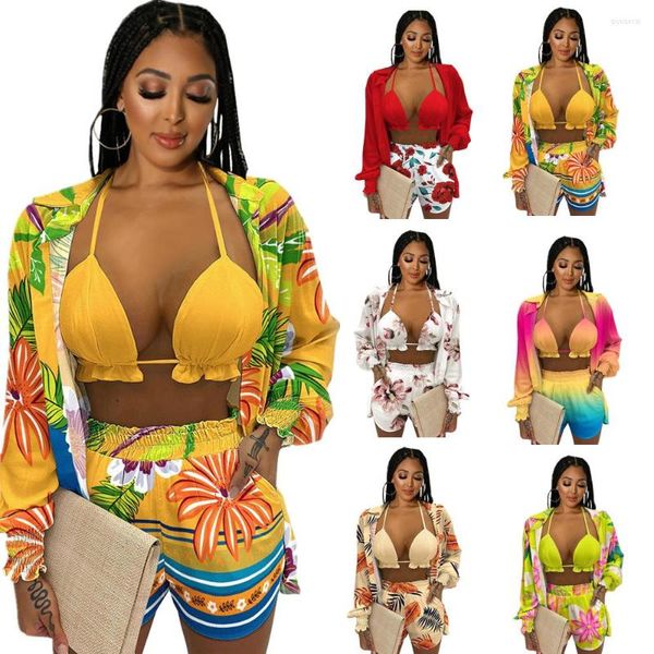 Survêtements pour femmes Été 3 pièces Beach Wear Tenues Sexy Hater Bra Mini Shorts Logn Manches Cardigan Chemise Femmes Mode Imprimé Club