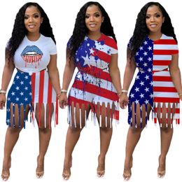 Chándales de mujer Verano Bandera estadounidense Camisetas estampadas Conjunto de 2 piezas Casual Flaco Top Manga corta Borlas Biker Shorts Stripe Fashion Street W