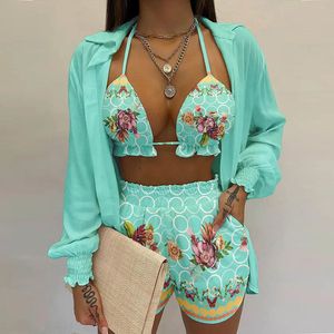 Survêtements pour femmes Summer beach 3pcs Set femmes Cardigan blouse Tops Shorts set Lady casual Lanter sleeve Loose short pants Suits ensembles d'impression de feuilles 230508