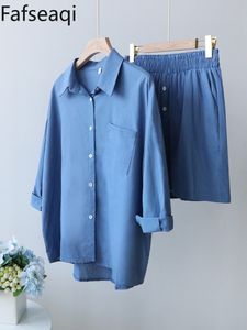 Chándales de mujer Trajes de lino de algodón casual de verano con pantalones cortos para mujer Conjunto de camisa y pantalones cortos Traje de manga larga Pantalones hasta los tobillos Chándal 230630