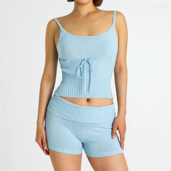 Chándales para mujer Verano Casual Punto 2 unids Mujeres Sólido Cordón Alto Cintura Alta Sin espalda Sling Crop Tops Elásticos Shorts Set Femenino