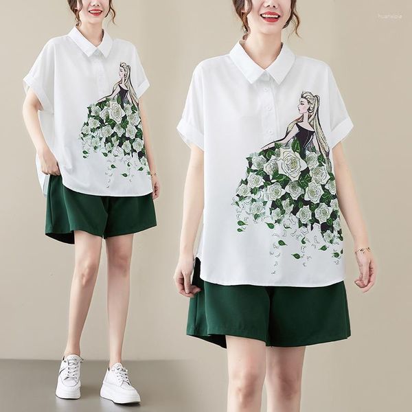 Chándales de mujer Verano Moda Belleza Chica Impresión Solapa Camisa de media manga Pantalones cortos de pierna ancha Conjuntos Mujer Casual Suelto Trajes de dos piezas