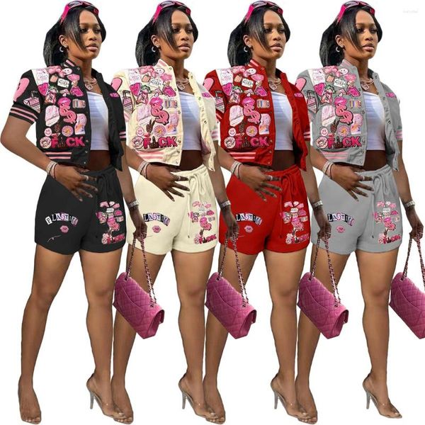 Chándales de mujer Moda de verano Pantalones cortos estampados Conjuntos de chándal de béisbol de 2 piezas Mujeres de manga corta Top corto de un solo pecho y mini motorista