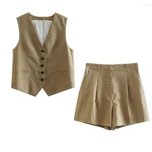 Trainingspakken voor dames Zomermode Temperament Casual driekleurige linnenmix Aangepast vest Shorts met hoge taille