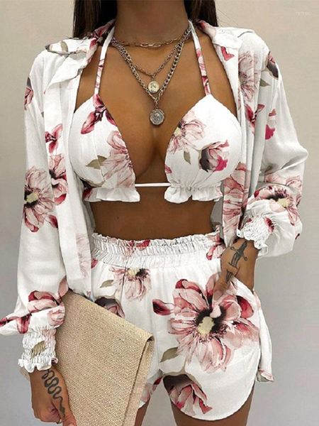 Survêtements pour femmes Summer Floral Print Trois pièces Ensembles Casual Femmes Élégantes Tenues féminines 2023 Chemises à manches longues et shorts à jambes larges