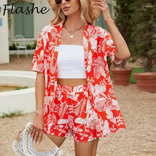 Tracksuits pour femmes Summer Flower Print Cardigan Veste à cordon Short Suit Femmes Femmes décontractées Two Piece Place Holiday Outfits 2024