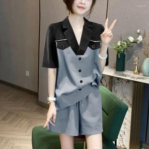 Suits-survêtements pour femmes Summer Coréen Collier Pullor Fashion Bouton haut de gamme Panneau de contraste en tête