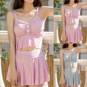 Chándales de verano para mujer, sin mangas, con tirantes y volantes, Top, calzoncillos tipo bóxer, conjunto de traje de baño a la moda, traje de baño para mujer, falda de lunares para mujer