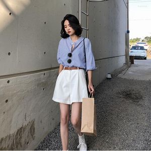 Survêtements pour femmes été bleu clair chemisier à rayures ample 2 pièces ensemble femmes short blanc vêtements de vacances dos nu Chic costume femme Conjunto Fe