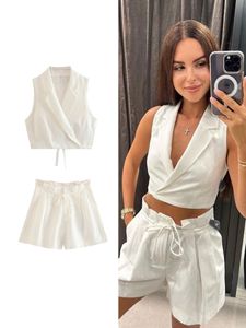 Vrouwen Trainingspakken Zomer Linnen Vest Shorts Set Vrouw Notched Mouwloos Vest Geplooide Top Lady Sets Mode Lace Up Casual Vrouwelijke Outfit 230630