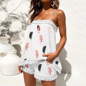 Survêtements pour femmes Shorts amples d'été Tenues Femmes Sexy Deux pièces Boho Sling Tassel Ensembles floraux Cami Tops et vacances à la plage P230307